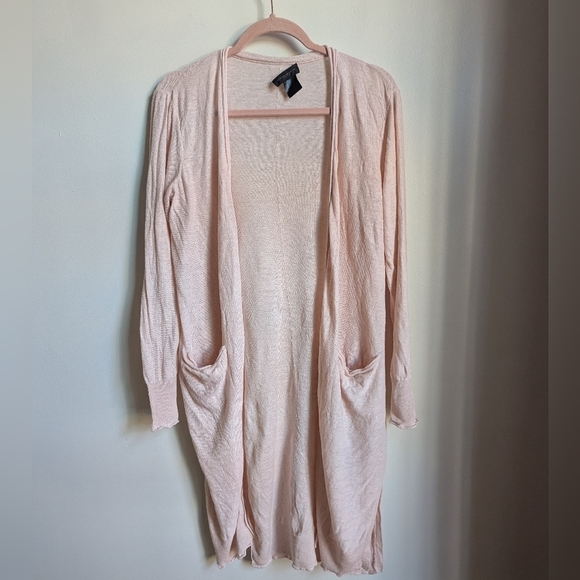 DONNA KARAN Soft Pink Feminine Open Front Long Lined Linen Cardigan Size Medium - Picture 2 of 11